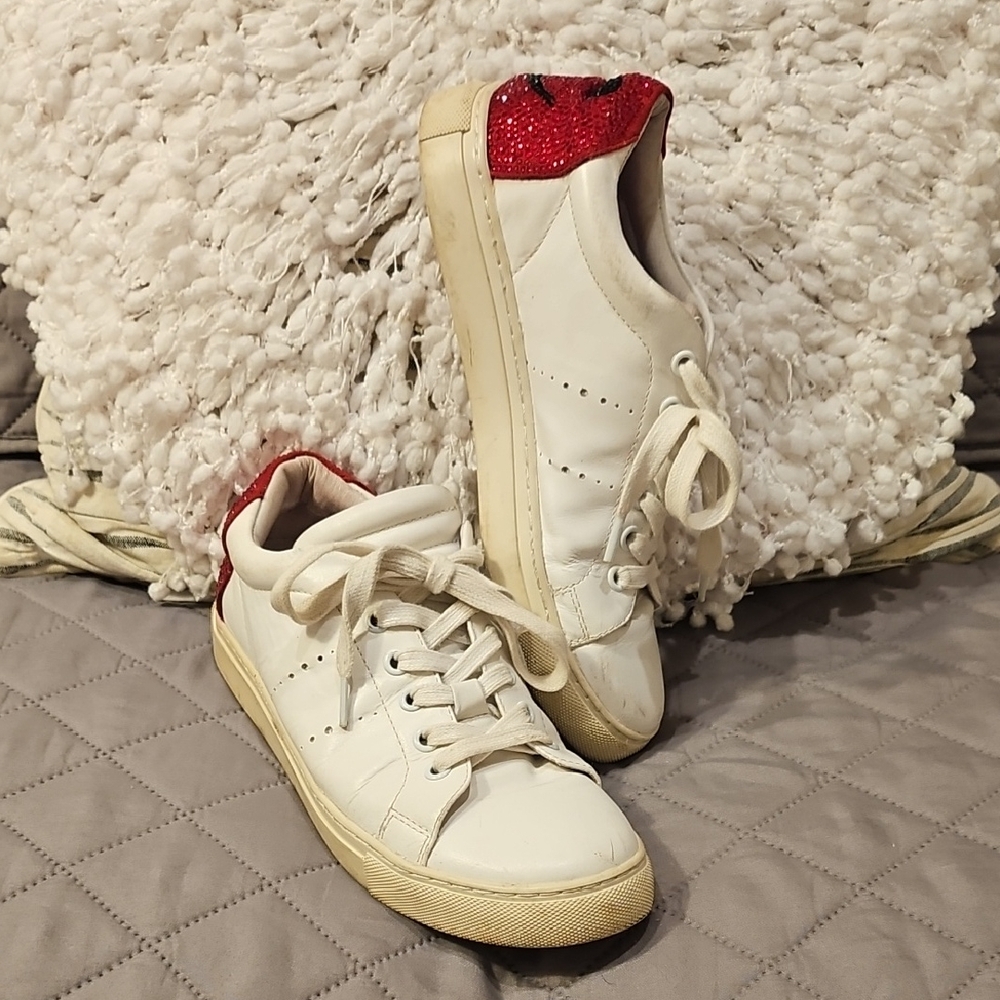 Lola Cruz Wink Smile Red Heel Diamante Leather Sneakers